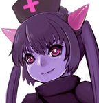  @_@ chrome_(mon-musu_quest!) close-up diglett_(artist) eyebrows eyelashes greek_cross hat looking_at_viewer lowres mon-musu_quest! nurse_cap oni_horns pink_eyes purple_hair red_cross simple_background smile solo torotoro_resistance white_background 