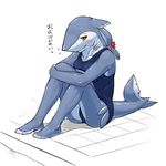  anthro blush breasts camel_toe clothed clothing female fin fish japanese_text marine school_swimsuit shark simple_background solo swimming_pool swimsuit tail_fin text unknown_artist 