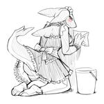  animal_genitalia anthro black_and_white blush clothed clothing female fin fish genital_slit kneeling looking_at_viewer looking_back maid_uniform marine monochrome raised_tail shark simple_background slit solo spot_color tail_fin uniform unknown_artist white_background 
