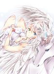  blue_eyes breasts cat closed_eyes dress feathered_wings heterochromia highres horn large_breasts long_hair looking_at_viewer lying mihara_youzora on_back original silver_hair solo unicorn white_cat white_dress wings yellow_eyes 