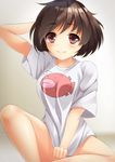  akiyama_yukari anglerfish animal_print arm_up bad_id bad_pixiv_id bangs bare_legs blush bottomless closed_mouth covering covering_crotch eyebrows eyebrows_visible_through_hair fish_print girls_und_panzer gradient gradient_background hand_on_own_head looking_at_viewer messy_hair naked_shirt neko_neko_koneko print_shirt red_eyes shirt shirt_tug short_hair short_sleeves smile solo t-shirt two-tone_background 