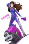  animal_print arm_up armor bangs bodysuit boots breasts brown_eyes brown_hair bunny bunny_print cannon character_name clothes_writing d.va_(overwatch) esan facepaint facial_mark full_body gloves hand_on_head headphones highres long_hair looking_at_viewer medium_breasts overwatch pilot_suit skin_tight smile solo swept_bangs thigh_boots thighhighs whisker_markings white_footwear white_gloves 