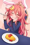  :3 ^_^ ahoge animal_ears blush bunny_ears chair cherry_tomato closed_eyes closed_mouth commentary_request crescent crescent_hair_ornament eating fake_animal_ears food food_on_face foodgasm hair_ornament heart highres kantai_collection ketchup long_hair long_sleeves omelet plate school_uniform serafuku shiruzu_(sk10102194) sitting solo spoon upper_body uzuki_(kantai_collection) 