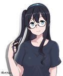  alternate_costume alternate_hairstyle arm_at_side black_hair blue_eyes blue_hairband blue_shirt casual collarbone glasses hair_between_eyes hair_tousle hairband hayabusa highres kantai_collection long_hair looking_at_viewer ooyodo_(kantai_collection) semi-rimless_eyewear shirt short_sleeves side_ponytail simple_background solo upper_body white_background 