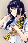  black_hair chikugen_shiina hibike!_euphonium instrument kousaka_reina long_hair neckerchief pink_neckwear purple_eyes sailor_collar school_uniform serafuku simple_background solo trumpet upper_body 