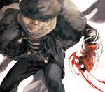  axe bandaged_arm bandaged_head bandages beard blood bloodborne claws cloak cowboy_shot facial_hair father_gascoigne hat hidden_face male_focus old_man scarf simple_background solo unraveling weapon white_background white_hair yoshioka_(haco) 