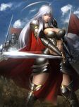 abs ahoge armor breasts cape cleavage crop_top full_armor gauntlets greaves highres huge_ahoge knight large_breasts lips long_hair long_sword looking_at_viewer midriff minami_koyogi miniskirt original red_eyes revealing_clothes silver_hair skirt solo_focus sword thighs weapon 