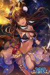  animal_ears bracelet breasts brown_hair cleavage constellation dark_skin dual_wielding harem_outfit holding holding_sword holding_weapon jewelry long_hair looking_at_viewer medium_breasts moon navel necklace scimitar smile solo sword sword_girls teeth weapon yellow_eyes yumaomi 