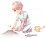  aldnoah.zero aqua_eyes commentary_request gardening kanmuri_(hanyifan30338) male_focus short_sleeves silver_hair slaine_troyard solo sprout 