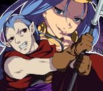  1girl blue_eyes brown_gloves cape chrono_trigger clenched_teeth earrings enoo evil_smile finger_to_mouth gloves holding jewelry long_hair looking_to_the_side lowres magus mother_and_son oekaki outline pointy_ears purple_hair queen_zeal red_eyes scythe sleeveless smile teeth third-party_source weapon 