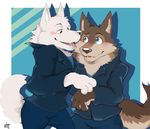  anthro blue_eyes blush canine clothed clothing disney duo gary_(zootopia) jacket larry_(zootopia) male mammal simple_background wolf zootopia がむ 