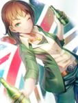  alcohol beer belt belt_buckle british brown_hair buckle denim flag_background freckles green_eyes idolmaster idolmaster_cinderella_girls jacket jeans jewelry kate_(idolmaster) necklace one_eye_closed pants shizuru_(daikoukaizidai) short_hair smile solo union_jack 