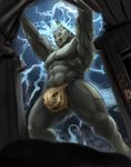  anthro bulge clothed clothing electricity equine glowing glowing_eyes halloween holidays horse horsekenstein low-angle_view male mammal muscular nipples power pumpkin solo thong topless zorro_re 