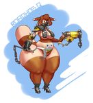  big_breasts breasts brown_fur brown_hair cleavage clothed clothing cosplay curly_q eyelashes fur furret gas_mask gun hair high_heels keijimatsu mask nintendo overwatch pok&eacute;mon pok&eacute;morph ranged_weapon roadhog_(overwatch) skimpy solo tan_fur thick_thighs video_games weapon wide_hips 