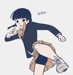  1boy bad_id bad_pixiv_id bangs beul black_hair blazer blunt_bangs bow bowtie braid brown_bow brown_neckwear brown_skirt clenched_hand cross-laced_footwear crossdressing jacket kageyama_shigeo kicking korean leg_up long_sleeves male_focus miniskirt mob_psycho_100 open_mouth otoko_no_ko pleated_skirt school_uniform shoes shorts shorts_under_skirt simple_background skirt skirt_lift sneakers socks solo twin_braids twintails upskirt 