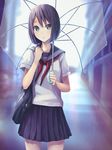  bag bangs black_hair black_skirt blue_eyes blurry blush depth_of_field hair_between_eyes holding looking_at_viewer miniskirt original outdoors pleated_skirt school_bag school_uniform serafuku short_hair skirt solo standing tokumaru transparent transparent_umbrella umbrella 