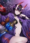  alcohol cherry_blossoms cup fate/grand_order fate_(series) gourd highres horns japanese_clothes jewelry kimono looking_at_viewer oni oni_horns purple_eyes purple_hair sakazuki sake short_hair shuten_douji_(fate/grand_order) smile solo yusuki_(fukumen) 