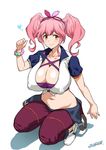 artist_name blush breasts cleavage covered_nipples huge_breasts joy_ride looking_at_viewer macross macross_delta makina_nakajima pink_hair shoes short_hair smile solo squatting twintails yellow_eyes 