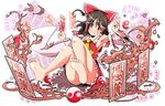  armpits ascot bare_legs bare_shoulders barefoot black_hair blush bow detached_sleeves feet gohei hair_bow hair_tubes hakurei_reimu japanese_clothes miko okuba red_eyes ribbon-trimmed_sleeves ribbon_trim sitting skirt skirt_set smile soles solo touhou translation_request wide_sleeves yin_yang 