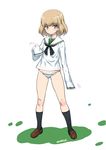  alternate_costume artist_name bangs black_legwear blonde_hair blouse blue_eyes blue_panties blush brown_footwear full_body girls_und_panzer joy_ride katyusha loafers long_sleeves looking_at_viewer lowleg lowleg_panties neckerchief no_pants ooarai_school_uniform oversized_clothes panties school_uniform serafuku shoes short_hair signature simple_background sleeves_past_wrists socks solo standing striped striped_panties underwear white_background white_blouse 