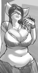  anthro arachnid arthropod big_breasts blindfold breasts canine cleavage clothed clothing dog facial_piercing female feral greyscale hair huge_breasts jewelry lip_piercing mammal monochrome necklace piercing slightly_chubby smile spider xopachi 