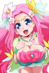  :d blue_eyes blush breasts choker cleavage cure_felice flower flower_in_eye green_choker hair_flower hair_ornament hanami_kotoha highres jewelry large_breasts long_hair looking_at_viewer magical_girl mahou_girls_precure! open_mouth pink_hair precure ring ryuuta_(cure_ryuuta) shiny shiny_skin smile solo spoilers symbol_in_eye upper_body white_background 