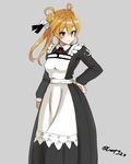  abukuma_(kantai_collection) alternate_costume apron arm_at_side black_dress blonde_hair blue_eyes double_bun dress enmaided grey_background hair_between_eyes hair_rings hand_on_hip hayabusa kantai_collection long_dress long_hair long_sleeves looking_to_the_side maid maid_apron simple_background smile solo twintails 