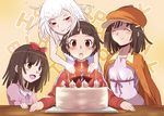  alternate_hair_length alternate_hairstyle bakemonogatari birthday_cake brown_hair cabbie_hat cake candle food happy_birthday hat jacket_on_shoulders long_hair monogatari_(series) multiple_persona otorimonogatari red_eyes sengoku_nadeko short_hair spoilers time_paradox touyu_(yuruyuruto) white_hair younger 