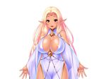  anatolian_(kyokon_tensei) areola_slip areolae bare_shoulders blonde_hair blush breasts cleavage cowboy_shot dark_skin detached_collar dress elf game_cg happy highres huge_breasts ishii_akira kyokon_tensei legs long_hair long_sleeves looking_at_viewer parted_lips pointy_ears red_eyes simple_background smile solo standing thighs white_background white_dress wide_sleeves 