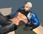  2boys bara lying male_focus multiple_boys overwatch reaper_(overwatch) scar silver_hair soldier:_76_(overwatch) undressing yaoi 