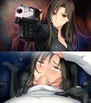  1girl artist_request before_and_after cum cum_in_mouth fellatio game_cg gun hand_on_head kneeling oral pistol rolling_eyes source_request 