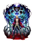  abs bare_chest blonde_hair blood bone coat evil_grin evil_smile full_body grin hair_over_eyes highres jewelry long_hair luen_kulo male_focus muscle navel necklace open_clothes open_coat open_hands original signature skeleton skull smile solo 