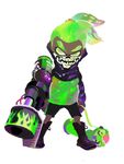  1boy bandana bandana_over_mouth bike_shorts blaster_(splatoon) boots dark_skin domino_mask green_eyes green_hair high_ponytail highres ink ink_tank_(splatoon) inkling jacket male_focus mask official_art pointy_ears shoes simple_background solo splatoon standing tentacle_hair weapon white_background 