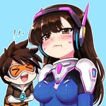  &gt;_&lt; :d :t alphy blue_background blush bodysuit breasts brown_eyes brown_hair closed_eyes commentary_request d.va_(overwatch) facial_mark goggles headphones holding_stomach jacket laughing lips long_hair looking_at_viewer medium_breasts meta multiple_girls open_mouth outline overwatch pilot_suit pout round_teeth self_hug short_hair simple_background skin_tight smile spiked_hair tears teeth tracer_(overwatch) upper_body whisker_markings xd 