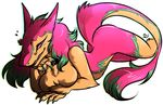  &lt;3 2015 anthro breasts brown_fur butt claws facial_markings featureless_breasts female fur green_claws green_fur green_hair hair looking_at_viewer lying maplecookies markings multicolored_hair nude on_front pink_eyes pink_fur pink_hair pinup pose sergal signature simple_background smile solo turkinwif two_tone_hair white_background 
