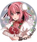  amputee asa_(coco) bandaged_arm bandages bun_cover chain chinese_clothes cuffs double_bun flower ibaraki_kasen pink_eyes pink_flower pink_hair pink_rose puffy_sleeves rose shackles short_hair solo tabard touhou upper_body 