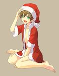  bottomless brown_hair free! full_body green_eyes hat looking_at_viewer male_focus memeo_(candy_house) open_mouth santa_costume santa_hat sitting smile solo tachibana_makoto wariza 