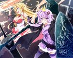  2girls aqua_eyes blonde_hair breasts cleavage dress hoodie long_hair magic mtu purple_eyes purple_hair skirt sword thighhighs tie tsurumaki_maki twintails vocaloid voiceroid weapon yuzuki_yukari zettai_ryouiki 