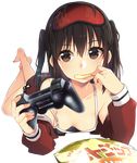  bag_of_chips bangs bare_shoulders barefoot blush breasts brown_eyes brown_hair camisole character_name chips collarbone contemporary controller downblouse dualshock eating food foreshortening full_body game_controller gamepad hanging_breasts holding jacket kantai_collection koruri legs_up long_sleeves looking_at_viewer lying on_stomach open_clothes open_jacket red_jacket sendai_(kantai_collection) short_hair sleeveless small_breasts solo the_pose transparent_background twitter_username wireless 