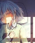  bangs blush character_request collared_shirt copyright_request highres on_bed pillow pyonsuke_(pyon2_mfg) shadow shirt sleeping solo sunlight window 