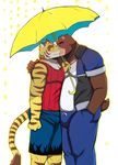  2016 abs anthro bear bearlovestiger13 biceps bulge butt clothed clothing duo feline fur hi_res hug hugging_from_behind jacket juuichi_mikazuki kissing male male/male mammal morenatsu muscular pecs tiger tongue torahiko_(morenatsu) umbrella 