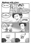  1girl amy_pond bowtie cardboard_box comic crossover doctor_who eleventh_doctor english metal_gear_solid monochrome pajamas 