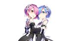  2girls aqua_eyes aqua_hair cropped headdress mafu9 maid photoshop pink_eyes pink_hair ram_(re:zero) re:zero_kara_hajimeru_isekai_seikatsu rem_(re:zero) short_hair twins white 