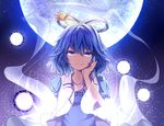  backlighting blue_dress blue_eyes blue_hair collarbone commentary_request danmaku dress electricity full_moon hagoromo hair_ornament hair_rings hair_stick hand_on_own_cheek hybrid_(1212apro) kaku_seiga looking_at_viewer moon puffy_short_sleeves puffy_sleeves shawl short_hair short_sleeves solo touhou upper_body vest 