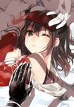  ;o bare_shoulders bed bed_sheet black_gloves blush brown_eyes brown_hair fingernails from_above gloves hair_between_eyes hands jintsuu_(kantai_collection) kantai_collection koruri looking_at_viewer lying morning naka_(kantai_collection) on_bed on_side one_eye_closed one_side_up parted_lips sendai_(kantai_collection) single_glove solo_focus sunglasses sunlight unzipped waking_up white_gloves 