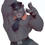  2016 anthro armpits belt big_muscles black_fur black_jaguar claws clothed clothing disney feline fur green_eyes hat jaguar looking_at_viewer male mammal muscular muscular_male navel necktie null-ghost open_mouth pecs pointing raised_arm renato_manchas scar simple_background solo spots sweat sweatdrop teeth topless white_background zootopia 
