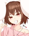  animal_ears bare_shoulders blush brown_hair bunny_ears collarbone eating eyebrows eyebrows_visible_through_hair floppy_ears food hand_up head_tilt heart highres holding holding_food inaba_tewi jewelry karatakewari looking_at_viewer mouth_hold naughty_face necklace off_shoulder open_mouth popsicle red_eyes saliva short_hair simple_background solo sweater teeth touhou white_background 