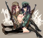  black_gloves black_hair black_legwear blue_eyes blush breast_press breasts brown_gloves cleavage clothes_lift earrings german_clothes gloves green_eyes gun hammer_and_sickle hands_clasped hat high_heels huge_breasts iron_cross jewelry loafers long_hair military military_hat military_uniform multiple_girls open_clothes original own_hands_together pantyhose panzer red_star rifle shoes sitting skirt soviet sweatdrop symmetrical_docking thighhighs totenkopf twintails uniform weapon world_war_ii 