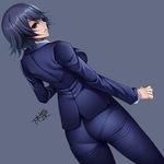 ajin_(sakurai_gamon) ass blue_hair breasts character_request copyright_request expressionless formal from_behind grey_background large_breasts looking_at_viewer looking_back pants pantylines purple_eyes shimomura_izumi shiny shiny_hair short_hair sideboob simple_background skin_tight solo suit tight_pants watanuki_kaname 