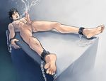 abs black_hair climax collar cum cum_on_body erection facial leash lying male_focus muscle nipples orgasm pecs penis restrained solo sweat testicles wince 